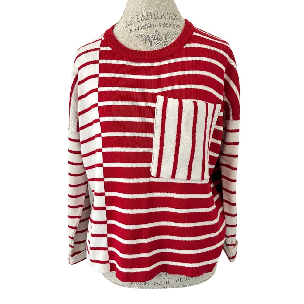 Cabi Striped Pocket Pullover Red Black White Oversized Boxy Sweater Size S